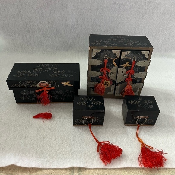 Set of 4 JAPAN MINI FURNITURE SET Chest of Drawers Trunks Black - Picture 1 of 16